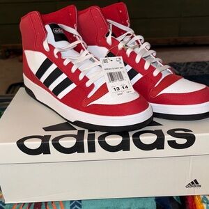 Adidas Red and White Sneakers with Black Stripes